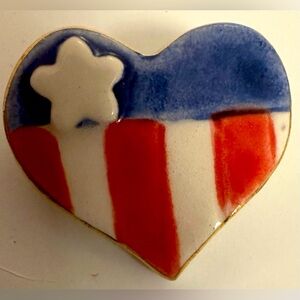 Artisan American Flag Heart Brooch Patriotic Pin Red White Blue Handmade OoAK